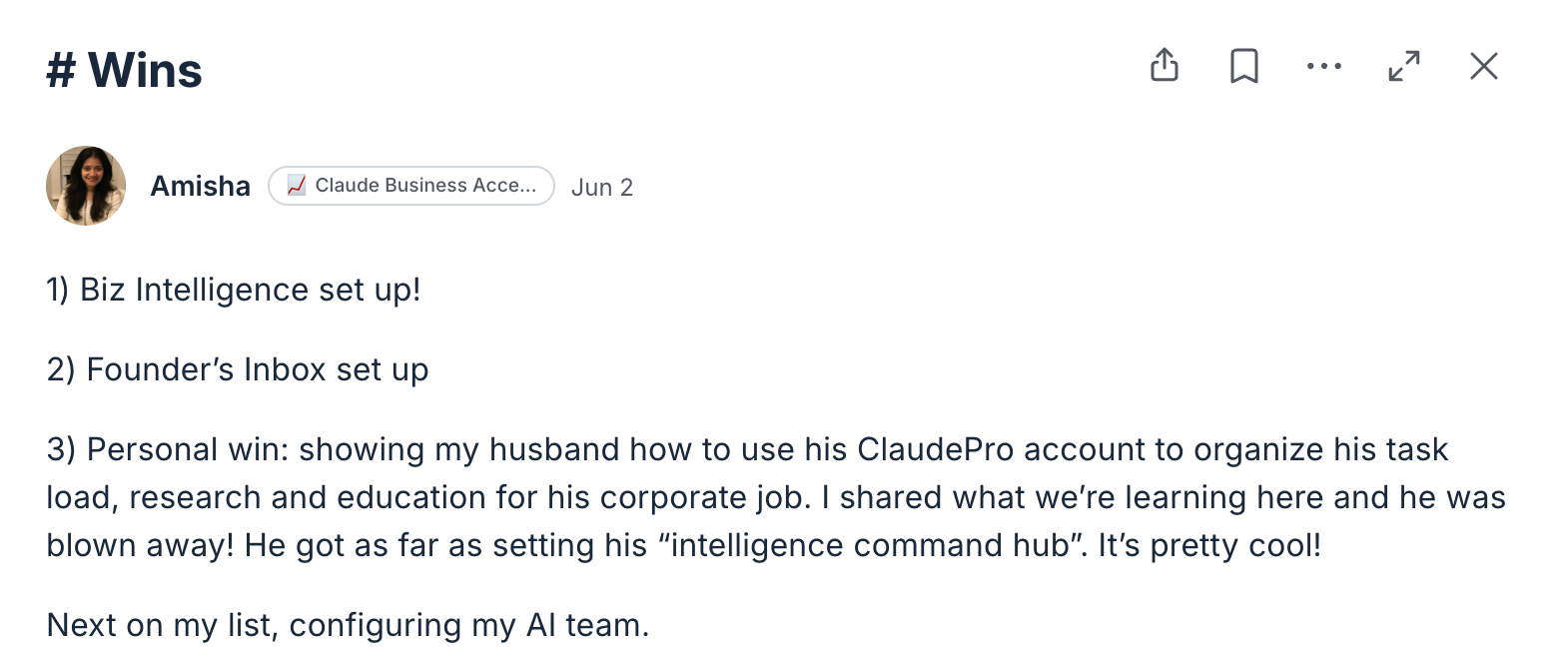 Amisha — Biz Intelligence and Founder's Inbox set up, plus a personal win with her husband's ClaudePro account